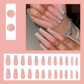 MISUD Press on Nails - Long Coffin Fake Nails with Pink, Acrylic Bling Glitter Design 24 pcs