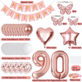 90th Birthday Decorations for Women, Rose Gold 40 Inch Number 90 Foil Birthday Balloons with Happy Birthday Banner and Butterfly Stickers