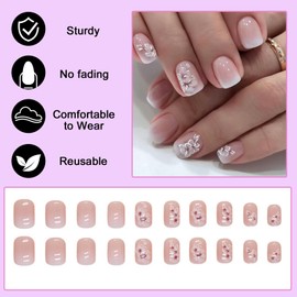 Ceboic Pack of 24 Press on Nails Square Short French White Flowers Artificial Nails Glossy Ballerina False Nails, Pink Gradient False Nails for Sticking on for Women and Girls