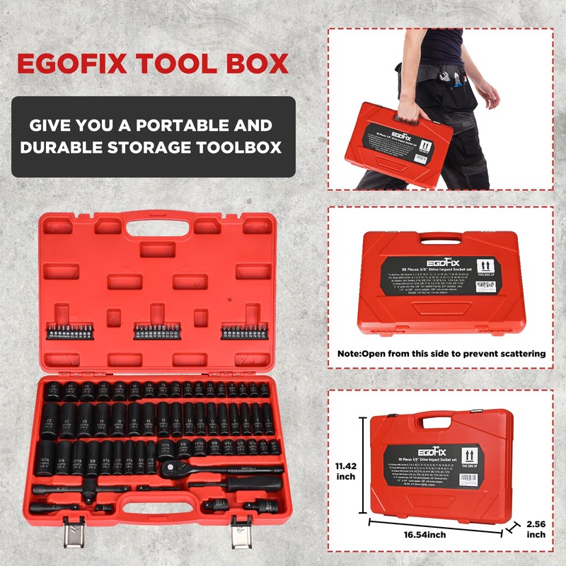 EGOFIX 3/8" Drive Impact Socket Set, 90 Piece Metric Socket