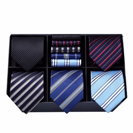 HISDERN Men's Necktie Collections, Lot 5 PCS Classic Men's Silk Tie Set Necktie & Pocket Square with Gift Box