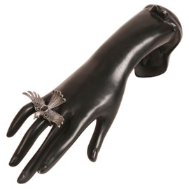 Touchstone Indian Bollywood Desire Exclusive Handcrafted Attractive Flying Eagle Inspired Black Onyx Embellished Designer Jewelry Adjustable Size Finger Ring in White Tone for Women