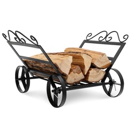 Goplus Firewood Rack Outdoor with Wheels, 20” Small Decorative Firewood Carrier Log Rack with Elegant Patterns & Raised Base, Heavy Duty Metal Rolling Firewood Holder for Indoor Fireplace, Fire Pit