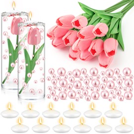Riceshoot 326 Pcs Floating Flower Vase Fillers Kit 12 Artificial Tulips 12 Floating Candle Centerpieces 300 Pearls 2 Bags Water Gels Flowers Vase Fillers for Wedding Table Centerpiece