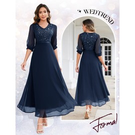 Wedtrend Women's Sequin Formal Dress Elegant Mother of The Bridal Slit Sleeve Evening Gowns 2024 Christmas Party Dress Maxi Prom Dress WT0317Navy2XL