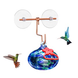Pozfun Window Hummingbird Feeder with Suction Cups,Hand-Blown Glass Hummingbird Feeders for Outdoors Window Mounted with Metal Hook,Close Bird Watching,Finch in Garden,Yard(Dotted Blue)