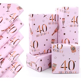 QRTDXP Rose Gold Gift Wrapping Paper Sheets for 40th Birthday,5pcs 50 * 70cm Large Birthday Paper, Pink Eco-friendly Gift Wrap Perfect for Wrapping Present or Flower for Girls Woman