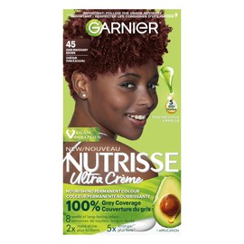 Garnier Nutrisse Ultra Crème, Permanent Hair Dye, 100% Grey Coverage, Vegan Formula, Nourished Hair, Long-Lasting Rich Colour, Protects Hair Against Dryness, 45 Dark Mahogany Brown, 1 Application