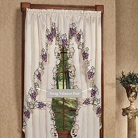 Touch of Class Cabernet Embroidered Long Swag Valance Pair - Polyester - Cream, Purple, Green - Grape Themed Table Decor for Dining Room, Kitchen, Counter, Island - Scalloped Edges