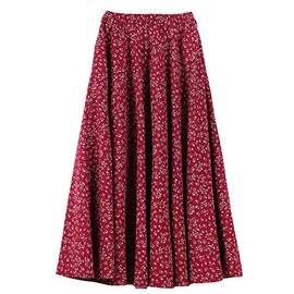 Women's Linen Cotton Floral Maxi Skirt Long Skirt with Side Pockets Elastic Waistband Bohemian Retro Vintage Skirt Length 90 cm Size 34/36/38/40/42, A58 Bordeaux & White