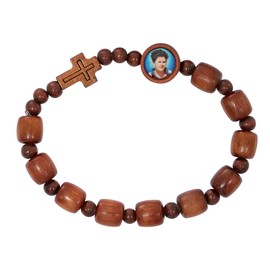 Carlo Acutis Stretch Rosary Bracelet, 9mm Brown Wood Beads, Photo Bead & Cross