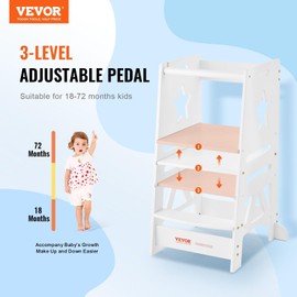 Tower Step Stool, 3-Level Height Adjustable Toddler Step Stools for Kids, Kitchen Stool Helper, Bamboo Standing Tower Learning Stool with Safety Rail for Kitchen Counter Bathroom, 350LBS, White