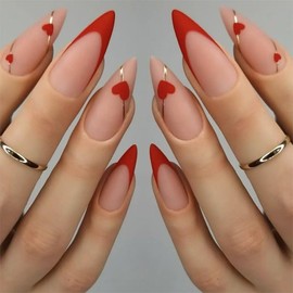 CharmBurst 24-Piece Valentine's Day Press On Nails, Almond Fake Nails, French Love Heart Line Design Artificial Nails For Application, False Nail Tips