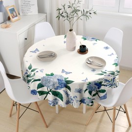 iEvery Hydrangea Flowers Round Tablecloth 150cm, Wipe Clean Polyester Table Cloth Waterproof Wipeable Circular Table Cover for Kitchen Dinning Garden Party Picnic Patio Outdoor