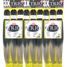 BNG Trio 3X Pre-Stretched Braiding Hair 28" for Easy Braid Professional Itch Free Synthetic Fiber 3 PACK Hair (9 bundles) (#T1B/Silver Off Black/Silver)