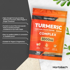 Turmeric Tablets 3000mg with Black Pepper, Ginger and Curcumin Extracts | High Strength Supplement | 180 Vegan Tablets (Not Capsules) | by Horbaach