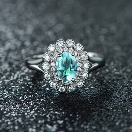 JIANGXIN 925 Sterling Silver Anniversary Ring Princess Diana Royal Engagement Platinum Plated Fine Jewelry for Women Adjustable size 6 7 8 9 (Aquamarine)