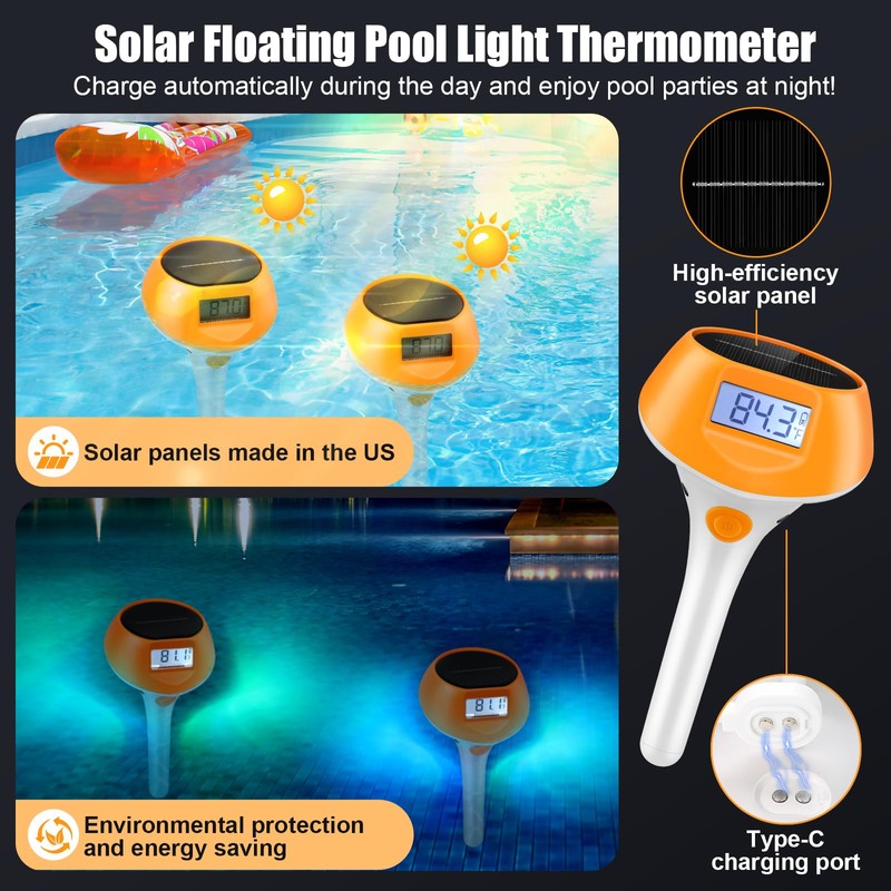 Upgraded Solar-Powered Digital Pool Thermometer Floating Pool Lights with Backlit