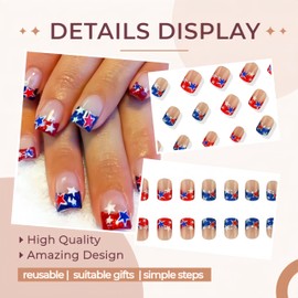 24Pcs 4th of July Press on Nails Short Square Independence Day Fake Nails Red Blue Glitter Star French Tips False Nails Red White Blue Design Glue on Nail Patriotic Artificial Nail for Women Manicure