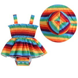 Mubineo Baby Girl Summer Clothes Floral Romper Dress Infant Sleeveless Rompers Skirt One Piece Boho Sun Dress Outfits (Rainbow Stripe A, 0-3 Months)