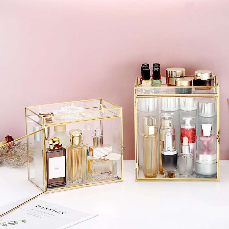 Glass Perfume Organizer Case Gold Cologne Holder with Vanity Tray