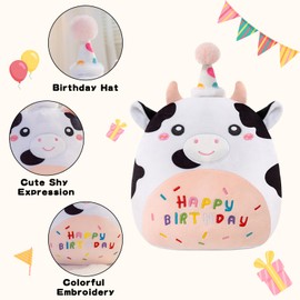 SQEQE Cow Stuffed Animal Kawaii Cow Plushie with Birthday Hat Soft Cow Stuffed Toy Birthday Party Decoration Gift for Kids Girls Boys(Dairy Cow,10 Inch)