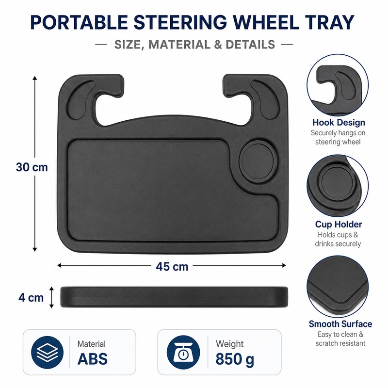 Steering Wheel Tray for Car Dining – Foldable ABS Table