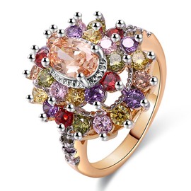 JIANGYUE Rose Gold Rings for Women Girl Multicolor AAA Grade Cubic Zirconia Multi Stone Rainbow Ring Fashion Cocktail Birthstone Jewelry Gifts Size 7