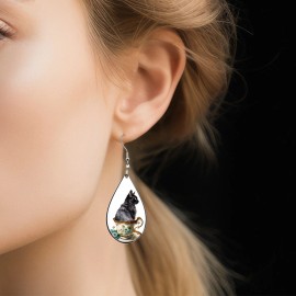 the fun things Teacup Black Cat Earrings NO TARNISHING Teardrop Dangle Black Cat Lover Gift