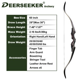 Deerseeker Archery 60" Recurve Bow Set with Arrows Traditional Bow Kit Laminated Limbs Bamboo Core Right Hand & Left Hand for Adults & Youth Outdoor Hunting Bow Shooting 25-60 lbs (RH 45lbs)