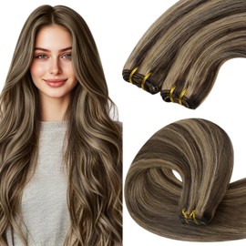 YoungSee Real Hair Wefts for Sewing, Dark Brown, Real Hair Wefts, Brown Highlight Blonde Weaving Hair Extension, Remy Hair Extensions, 50 cm, Weft Hair Extension, 100 g, #P4/27