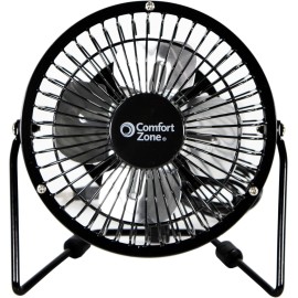 Mr. Brands, LLC. Comfort Zone 4" USB Desk Fan Black Metal Single Speed 360° Tilt Compact Durable