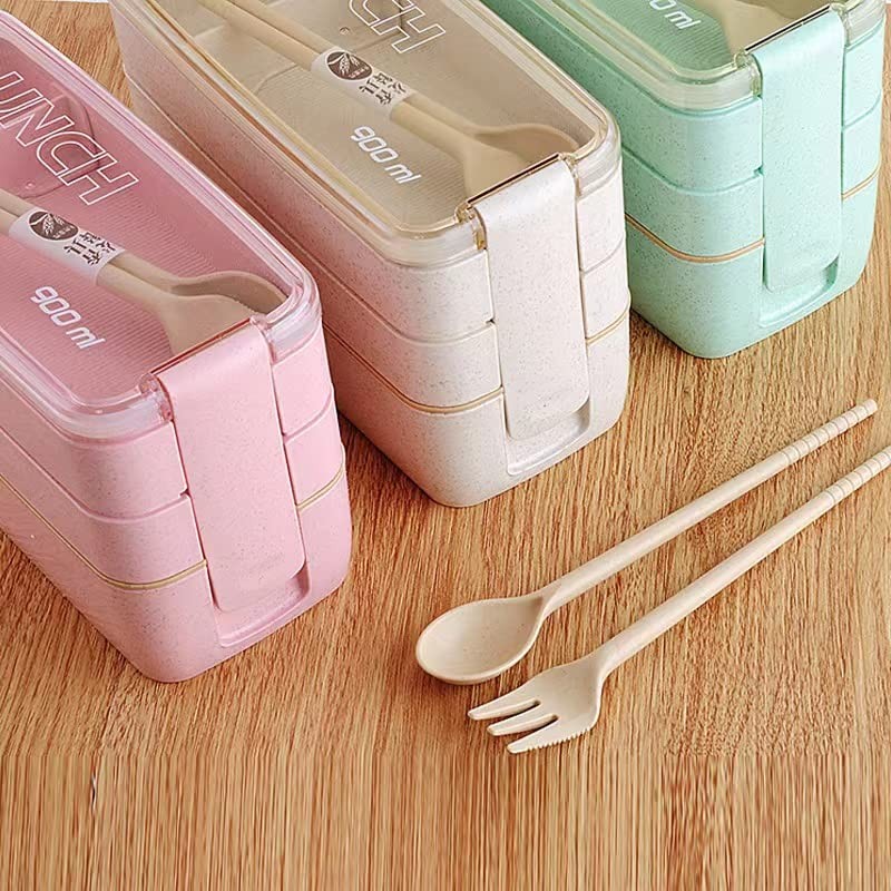 Mejiwasmi Portable Bento Box, 3-layers Lunch Box, 900ML Wheat Straw