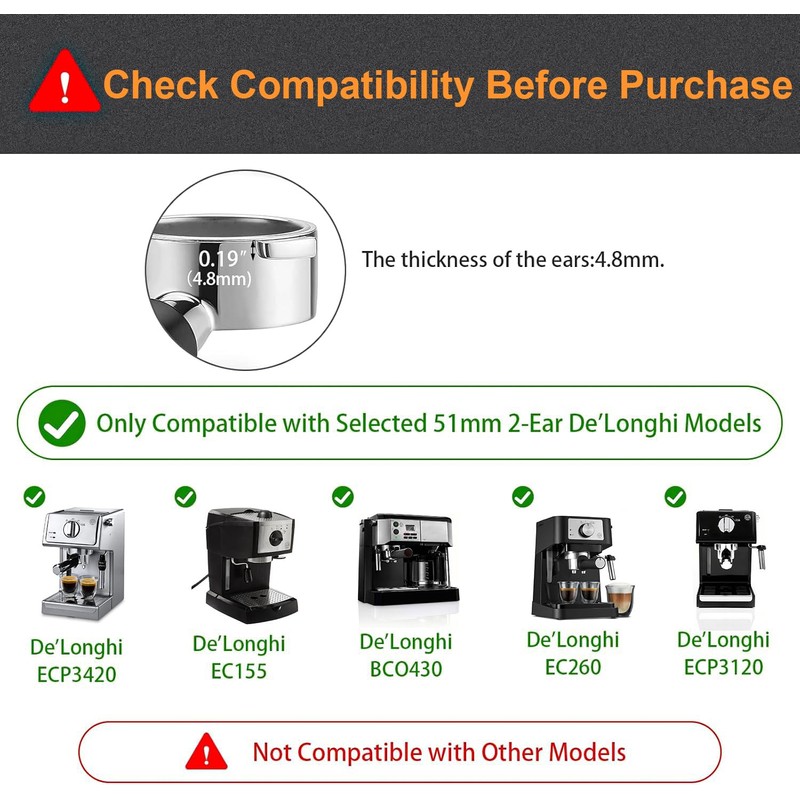 51mm Bottomless Portafilter Compatible for Delonghi ECP3420/ECP3120/EC155/BCO430/EC260 with Stainless Steel