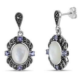 Sterling Silver Marcasite With Mother Of Pearl and Amethyst Drop Earring