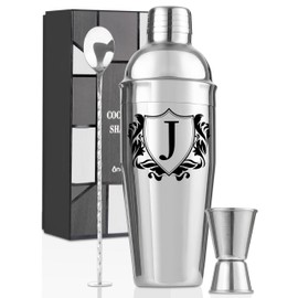 Onebttl Cocktail Shaker Bar Set Gifts with Initials, 24oz Mixer Drink Shaker with Measuring Jigger & Spoon, Stainless Steel Bar Tools, Cocktail Bar Gifts for Men, Women, Bartender for Christmas - J