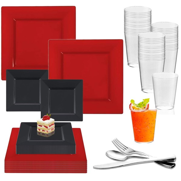 Elegant Disposable Plastic Dinnerware Set for 40 Guests - Heavy Duty Fancy 9.5" Square Red Dinner Plates, 6.5" Black Dessert Plates, Christmas Plates, Silverware Set & Party Cups