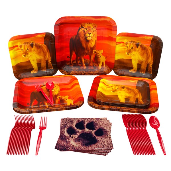 Lion Party Supplies Pack (100 Pieces for 16 Guests) - Lion Party Decorations, Safari Birthday Decorations, Safari Party Supplies, King of the Jungle Party, Lion Theme Party Supplies, Blue Orchards