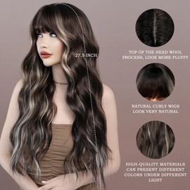 7JHH WIGS Long Natural Black Wig with Bangs 27.5in Natural Heat Resistant Fiber Synthetic Curly Beige White Highlight Wigs for Women Girls Daily Party Holiday Festival Chrismas Travel Used
