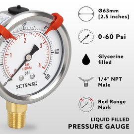 SCTSNSR 0 to 60 Psi Pressure Gauge, Glycerin Liquid Filled, 2.5 inch Dial, 1/4" NPT Lower Mount, Stainless Steel Case, for Pool Sand Filter, Water Pump, Propane, Coolant, CO2, Gas, Low Pressure Test