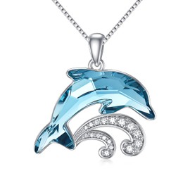 TOUPOP Dolphin Necklace, 925 Sterling Silver Dolphin Pendant with Blue Crystal Waves, Women's Jewelry Gift for Teen Girls Birthday Christmas