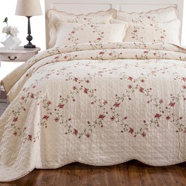 mixinni Floral Embroidered Quilt Set - 3 Pieces Reversible Quilt Bedding Set, 100% Cotton Quilt Queen Size Set Elegant Embroidery Bedspread Coverlet Set with 2 Pillow Shams for All Seasons (90"x98")