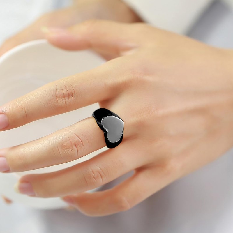 MYNENEY Stainless Steel Heart Signet Rings Wedding Bands Engagement Ring