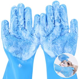 Pecute Pet Grooming Gloves - Heat Resistant Silicone Gloves with High-Density Teeth, Enhanced Five Finger Design for Bathing and Massaging Dogs and Cats, Blue | Pecute