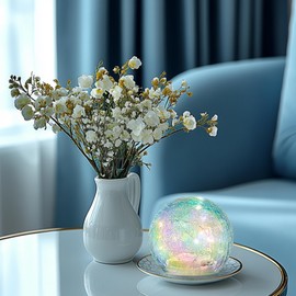 Crackle Globe Desk Night Mood Light Ball Lamp, Steay on and Twinkle Light with 6H Timer, Battery Operated Lighted LED Glass Orb, 4.7 Inches, Tabletop Decor for Mothers Day, Women Sphere Birthday Gift