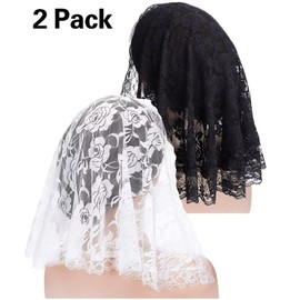 RUNRAYAY Short Catholic Chapel Veil, Traditional Floral Lace Mantilla Veils for Church Latin Mass Head Covering White Black Veils for Bridal Women, Style 4, Pack of 2