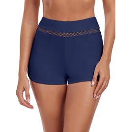 Colloyes Women's High Waisted Swim Board Shorts Full Lining Hollow Out Lace Swimming Bottoms Quick Dry Beach Shorts Navy Blue Size X-Large