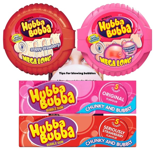 Bubble Gum Bundle With Hubba Bubba Gum Tape Mega Long 1x Snappy Strawberry, 1x Fancy Fruit, 1x Seriously Strawberry Gum (5pcs), 1x Original Gum (5pcs) and JenBurr Leaflet