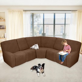 ALIECOM Waterproof Sectional Recliner Couch Covers for Reclining Sectional Stretch L Shaped Recliner Sofa Cover Washable Jacquard Corner Sofa Slipcovers Pet Dog Protector (5 Seat, Light Brown)