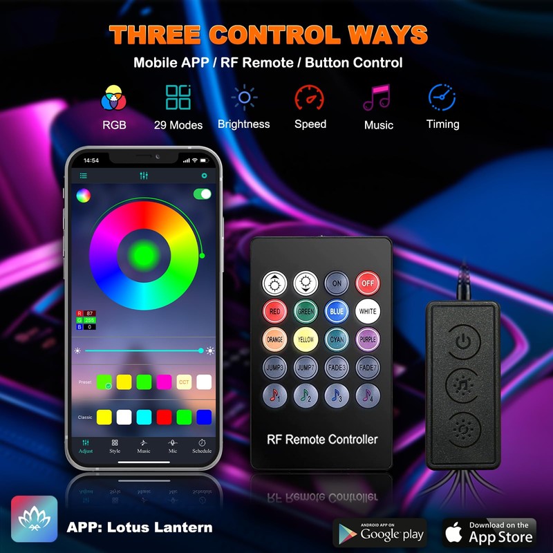 Jushope Car LED Lights, Interior Car Lights with Wireless APP/RF